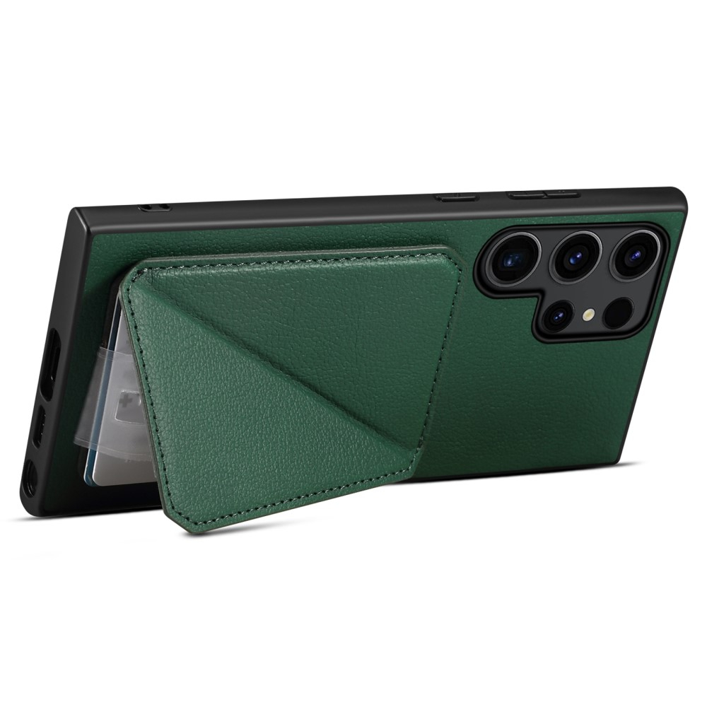Samsung Galaxy S24 Ultra Leder Hülle mit Kartenfach   Origami Kickstand Aufsteller im Litchi Look - Dunkelgrün