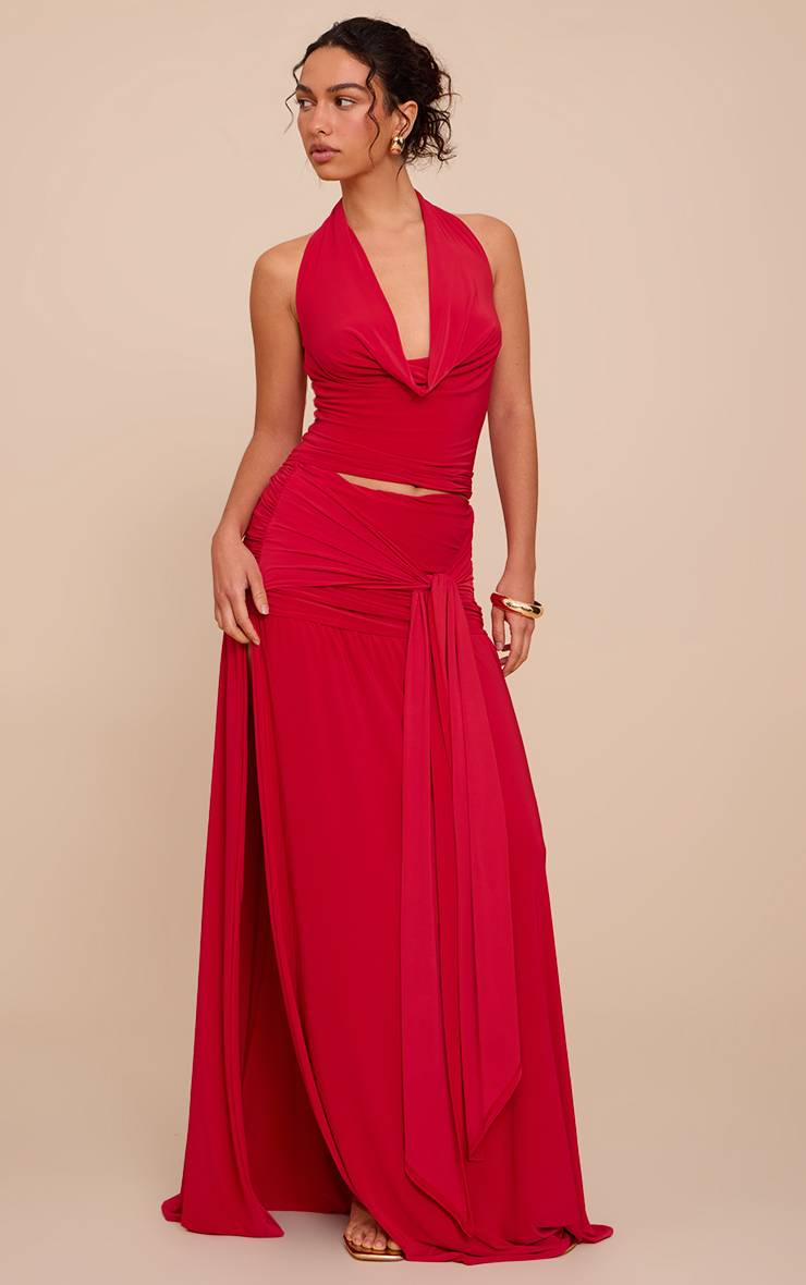 Rouge Tomate Jupe Longue Drapée À Nœud En Tissu Slinky Double Épaisseur