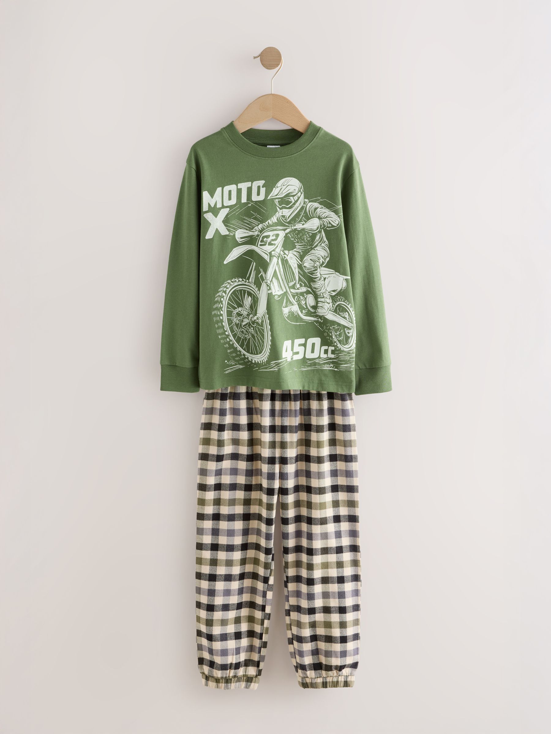 Blauw/groen voertuig - Set van 2 geweven geruite pyjama's met lange mouwen (3-16jr)