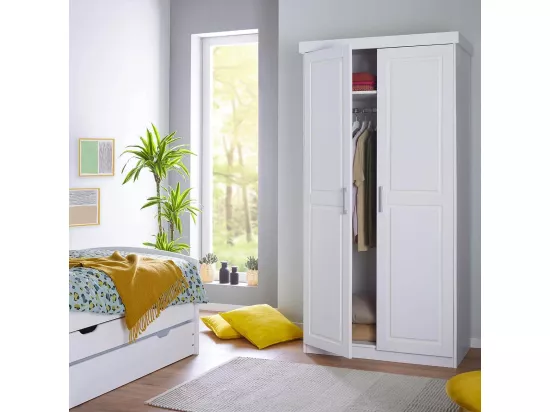 ALASKA - Armoire 2 Portes + Penderie Bois Massif Vernis Blanc