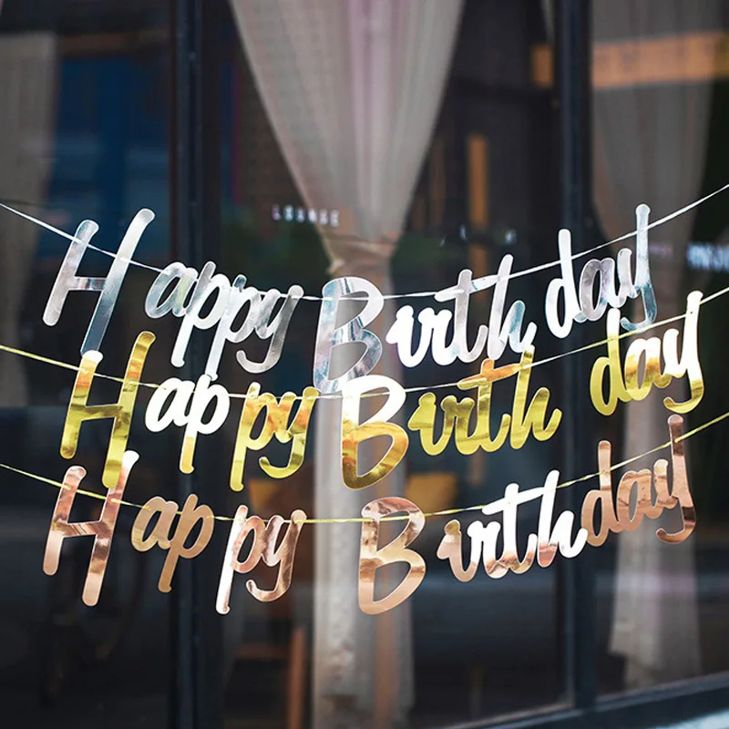 (3er Set) Happy Birthday Girlande Geburtstags Party Deko Accessoire Banner - Silber / Gold / Roségold