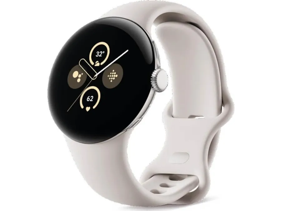 Google Pixel Watch 2 - Poleret sølvaluminium - smart ur med aktivt bånd - fluoroelastomer - porcelæn - båndstørrelse: S/L - 32 GB - Bluetooth, Wi-Fi, NFC - 31 g