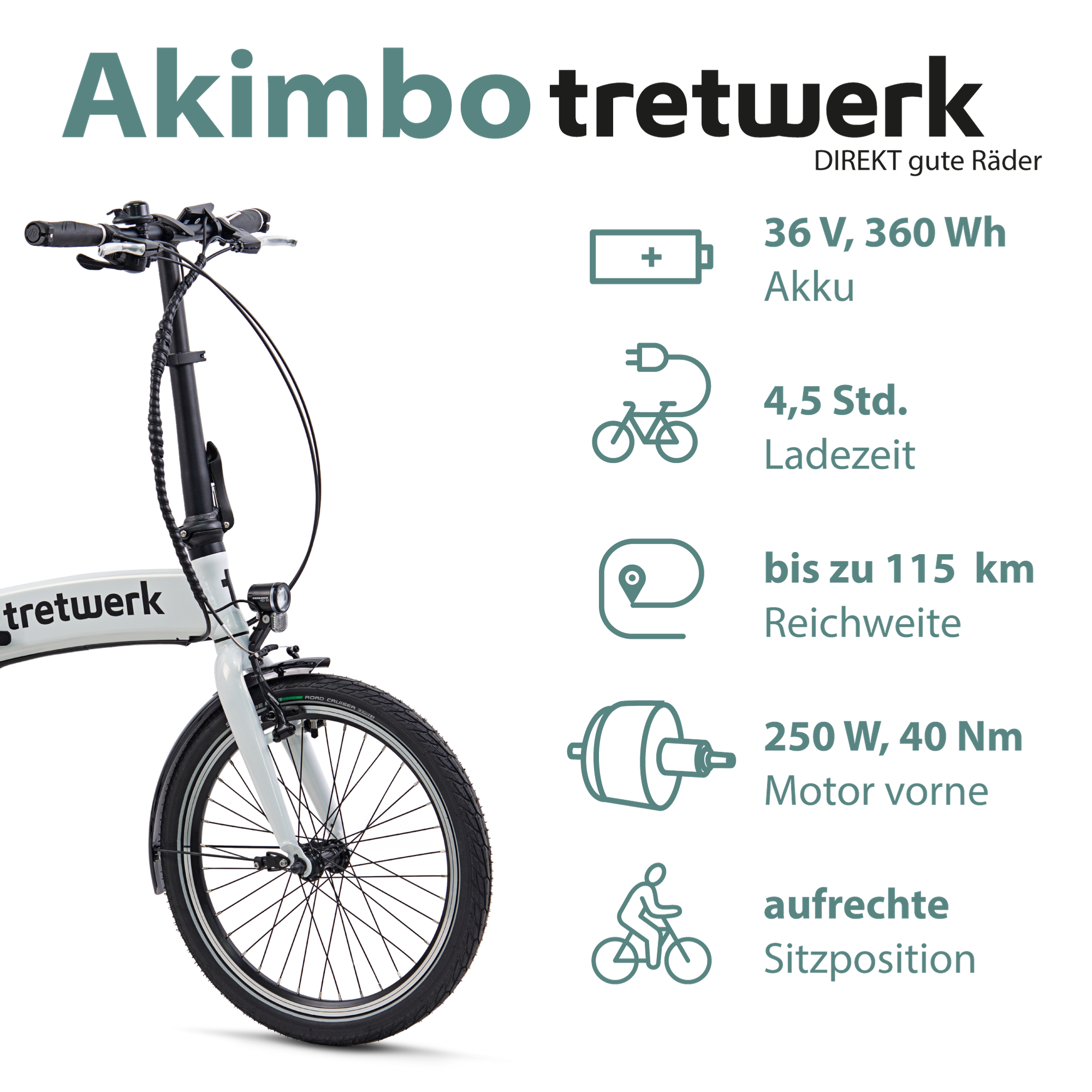 Tretwerk Akimbo E Bike 20 Zoll Klapprad Elektrofahrrad 360Wh 155 - 190 cm