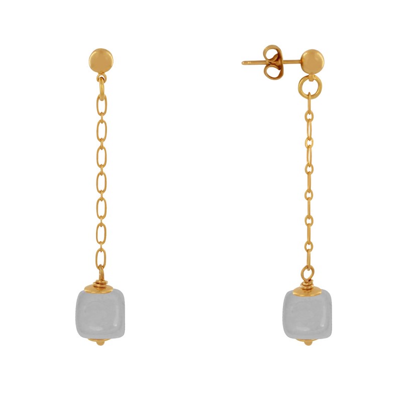 Boucles d'Oreilles Chainette Laiton Doré et Cube en Céramique