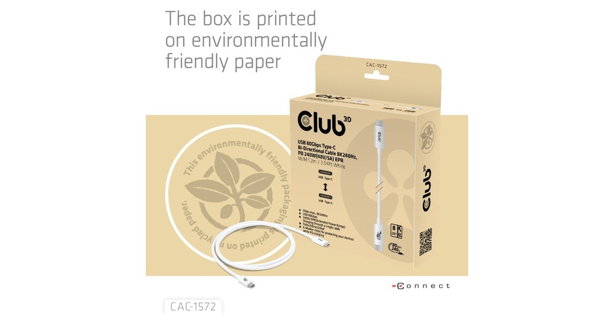 Club 3DUSB-C 80Gbps Certified 240W 8k 240Hz kabel  (Wit, 1.2m)