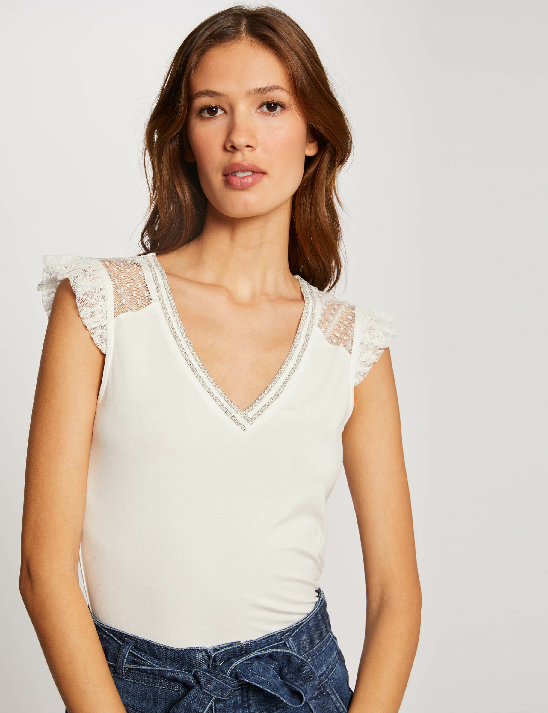 T-shirt manches courtes à plumetis ecru femme - ecru