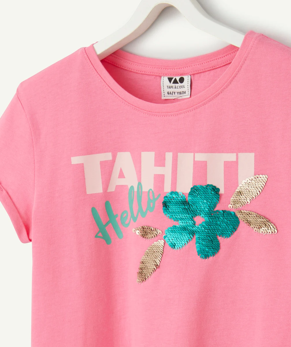 t-shirt manches courtes fille en coton bio rose motif tahiti