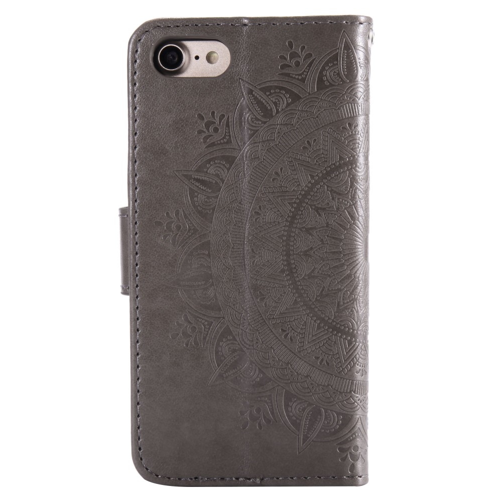 iPhone SE (2022/2020) / 8 / 7 / 6S Leder Tasche Wallet - Mandala Flowers Imprint - Grau
