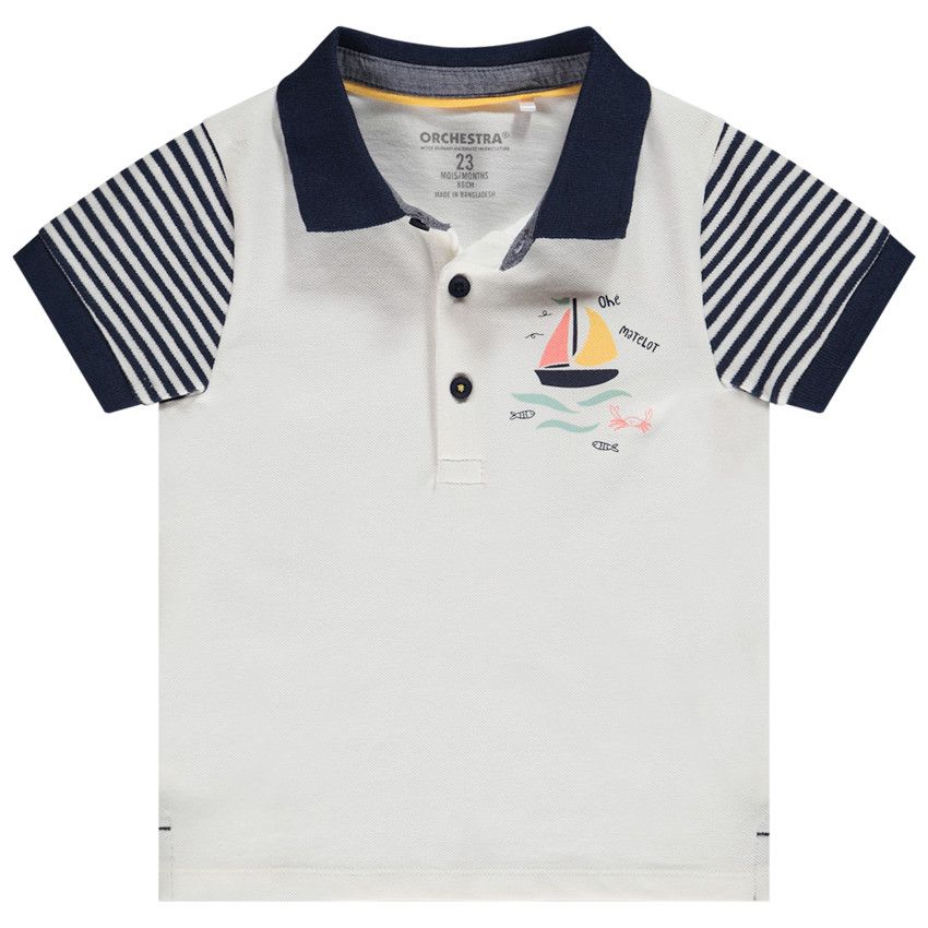 Polo manches courtes rayé en coton piqué print voilier pour bébé garçon - Ecru