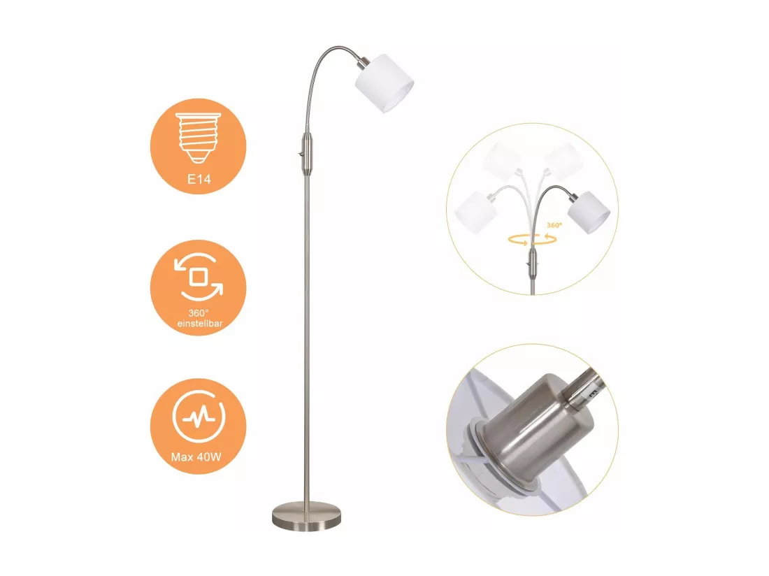 NETTLIFE Lampadaire 1 flamme Salon Liseuse - E14 Vintage Rotation 360° Abat-jour Boho Industriel Lampe sur pied Couloir Chambre Sans ampoules