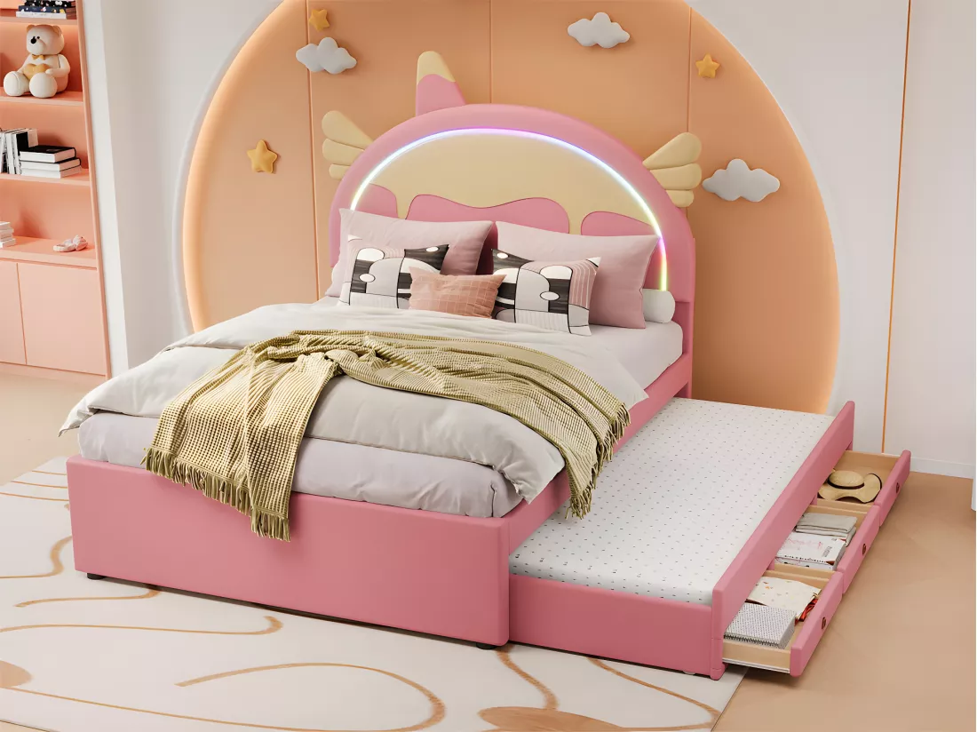Lit enfant 140x200cm avec un lit gigogne 90x190cm - tête de lit en forme de licorne avec LED - en similicuir - Rose