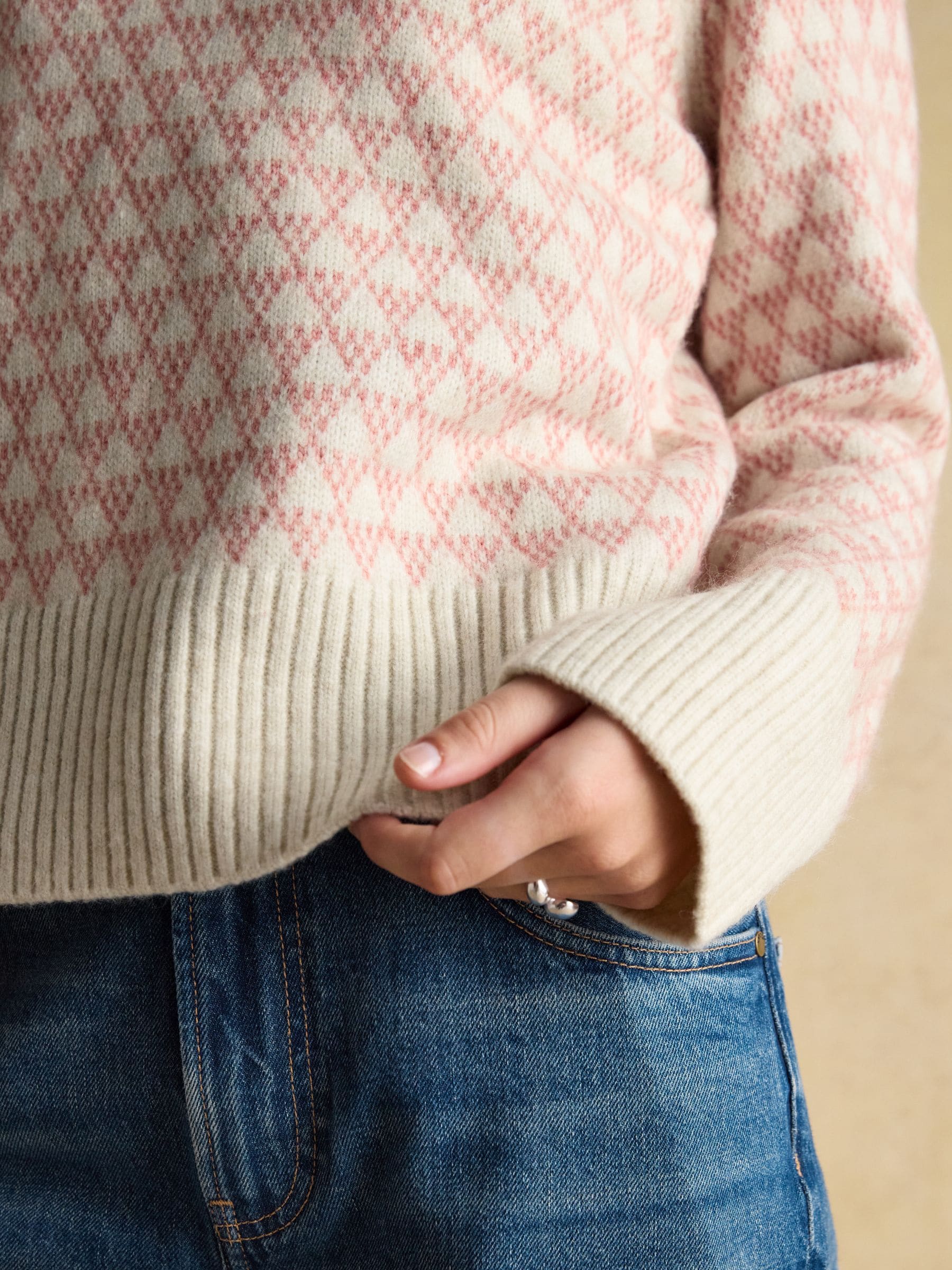 Roze crème - Joules Addison Patterned Knitted Jumper with Detachable Roll Neck