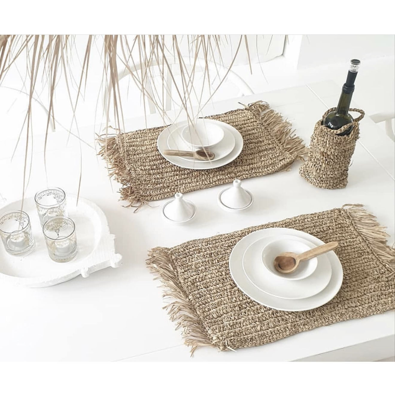 Bazar Bizar Set de table rectangulaire à franges Raphia naturel - 60x35 cm