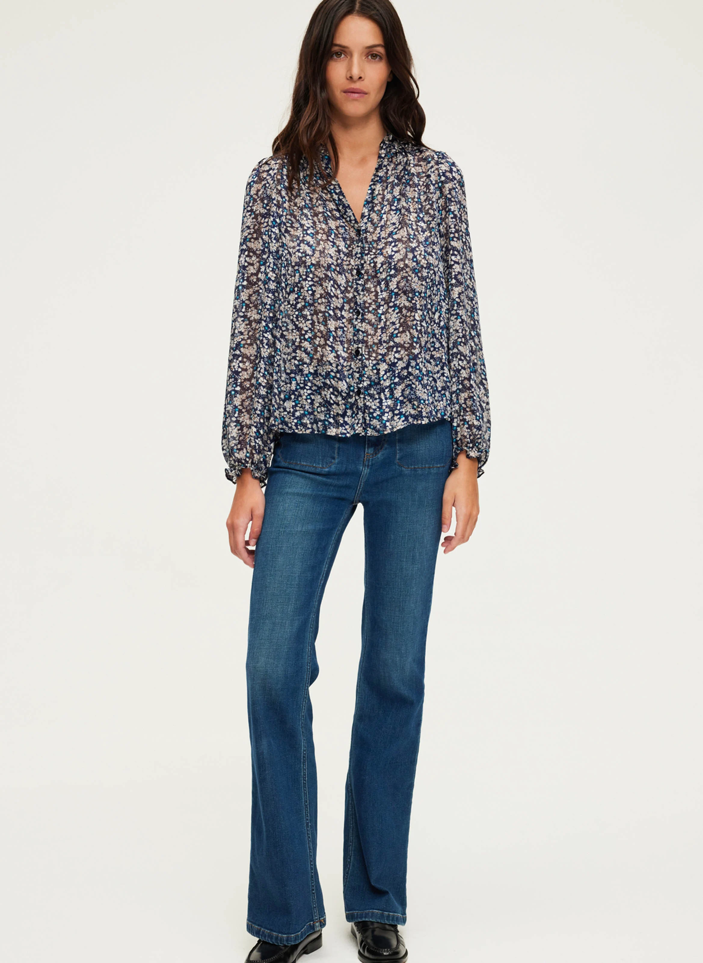 BELODIE - Chemise droite imprimée à volants | Bleu