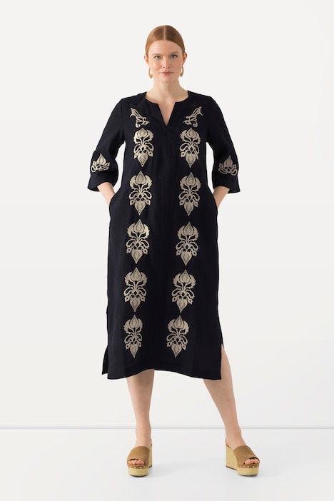 Leinen-Maxikleid, Stickerei, Tunika-Ausschnitt, 3/4-Arm