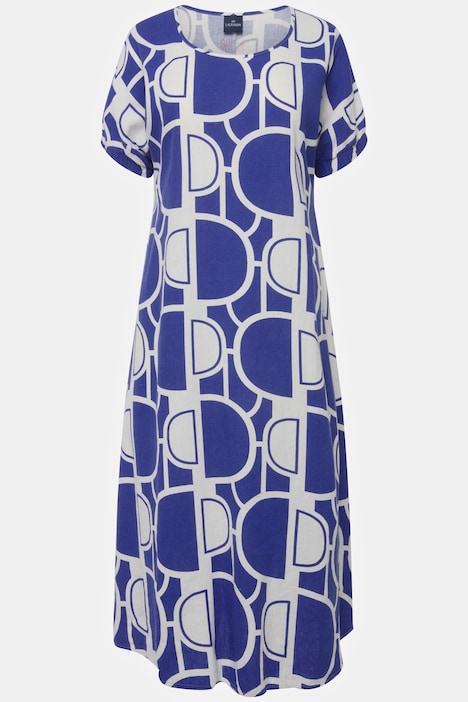 Leinenmix-Kleid, Wide Fit, elastischer Halbarm-Abschluss, Rundhals
