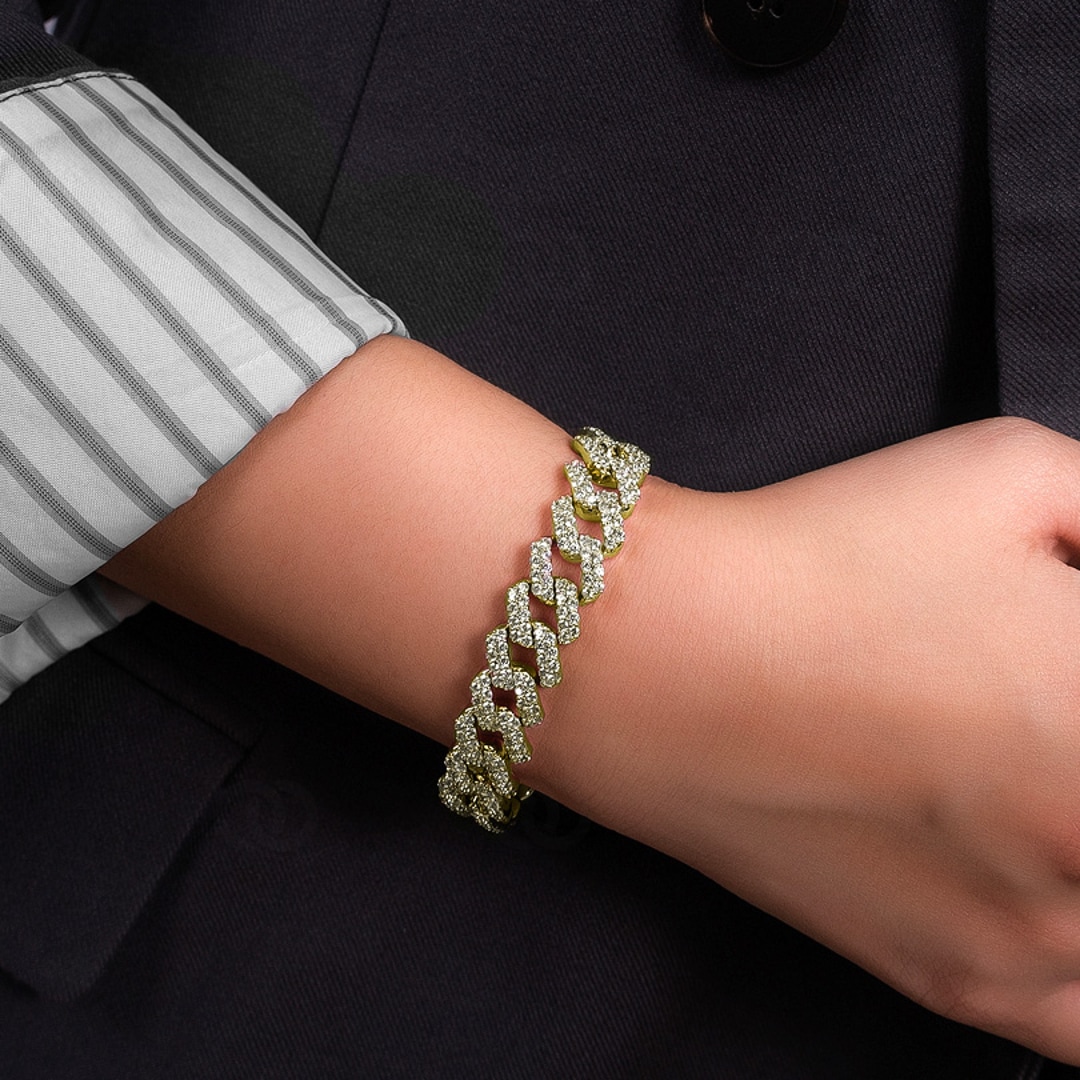 12mm Prong Cuban Link Panzerarmband Gelb vergoldet mit Zirkonia