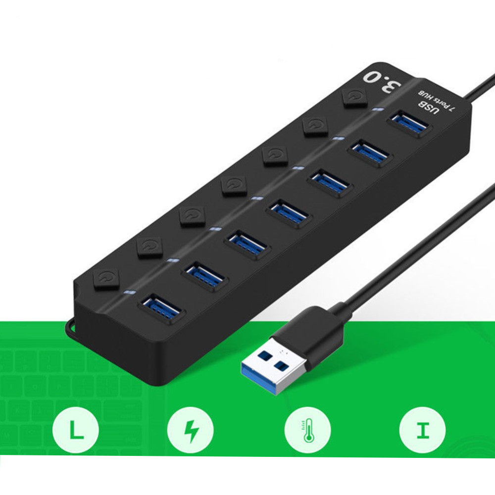 (17cm) 7-fach USB 3.0 Hub Adapter mit USB Port Steuerung Tastenschalter 5GB/s - Schwarz