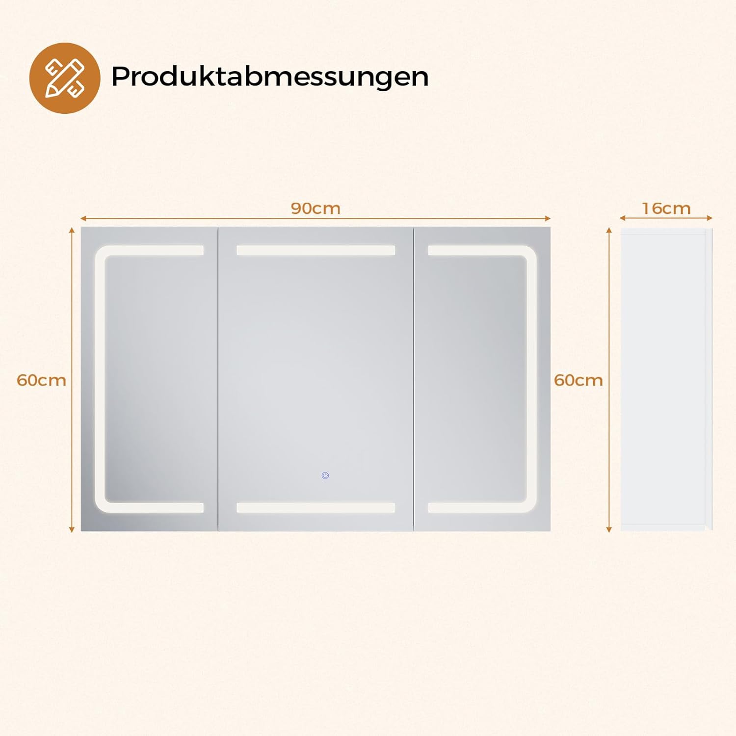 Spiegelschrank mit LED-Beleuchtung,Steckdose & 3 Farbtemperaturen|Badezimmerschrank 60×90×16 cm (H×B×T) dimmbar +Touch-Sensor|Weißer Badspiegelschrank mit 3 x verstellbaren Regalen&Spiegel