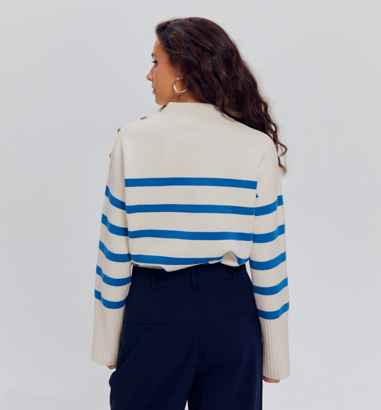 Pull marin col cheminée Femme - Rayé bleu