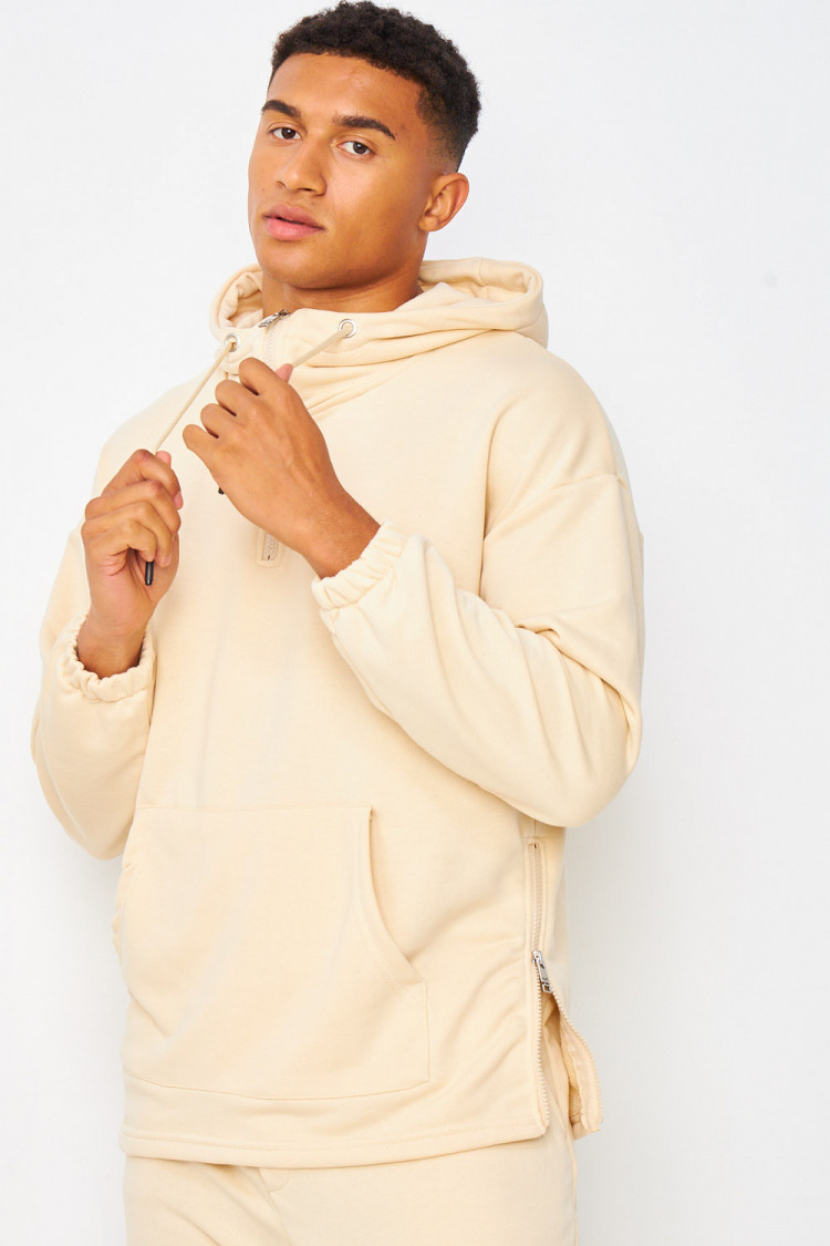 Sweat à capuche demi-zip beige