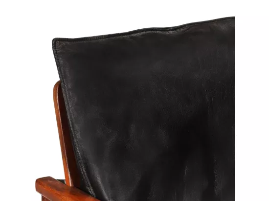 Canapé 2 places noir cuir véritable et bois d'acacia solide