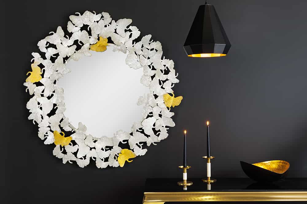 Dekorativer Wandspiegel GINKGO LEAFS XL 90cm gold silber rund aus Metall handmade