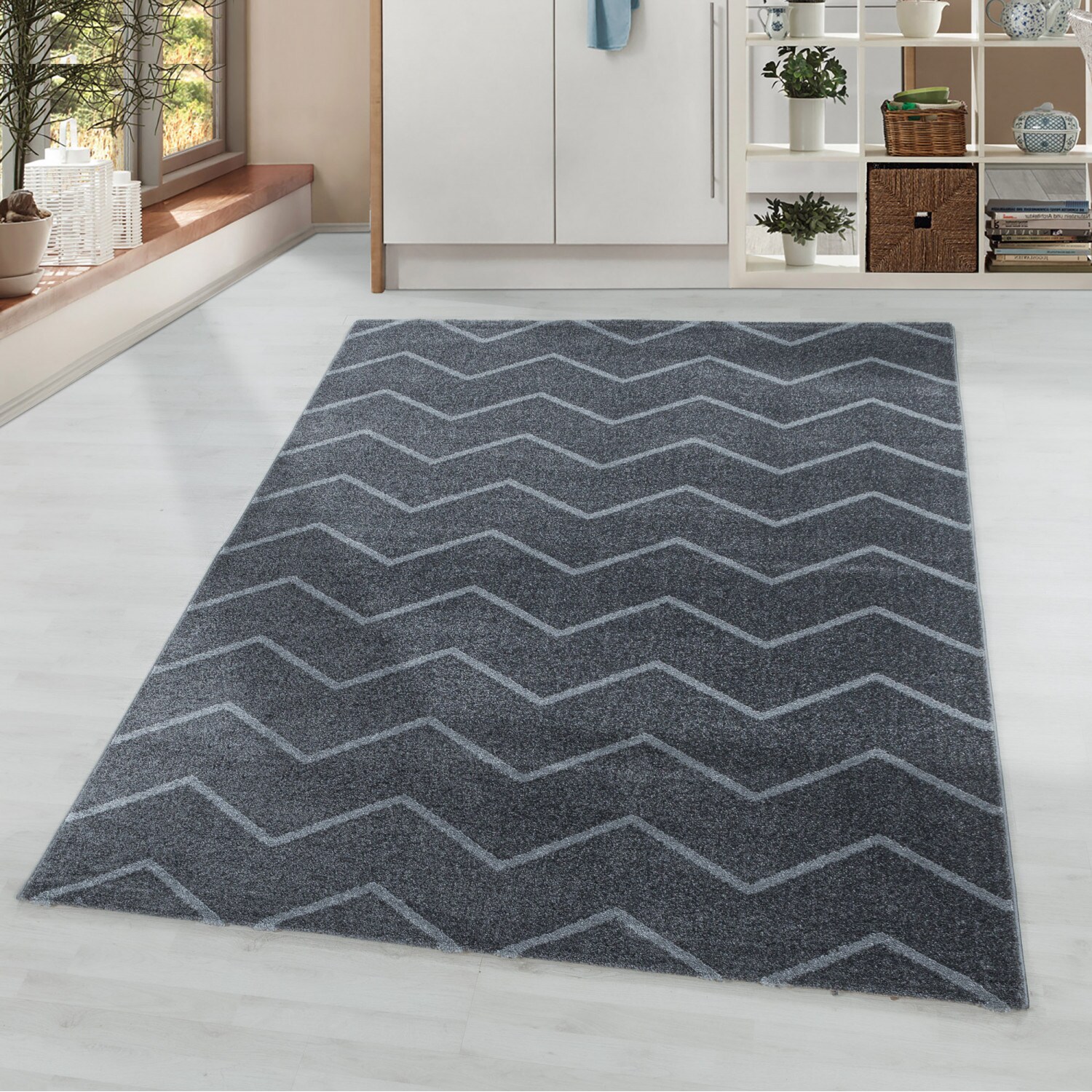 Stilvoller Designer Teppich: Modernes Kurzflor-Zick-Zack Design, Wohnzimmer