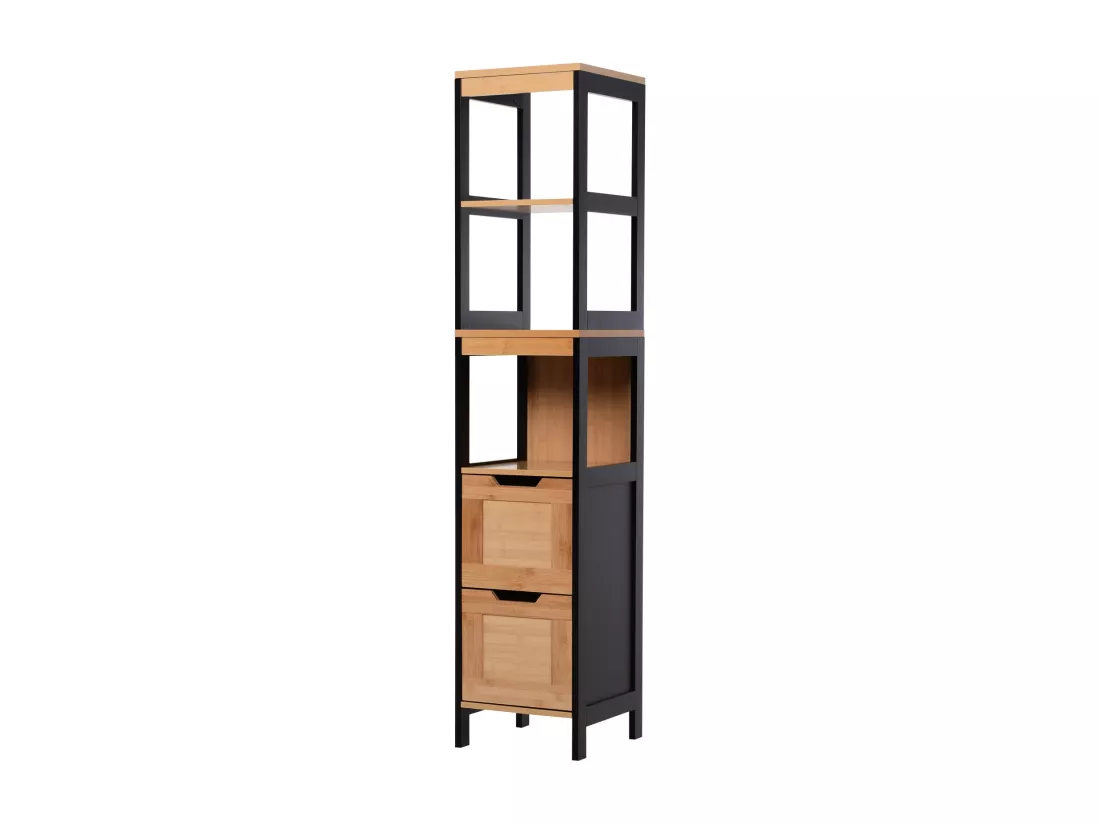 Meuble colonne rangement salle de bain style cosy dim. 30L x 30l x 144H cm 3 étagères 2 tiroirs bambou MDF noir