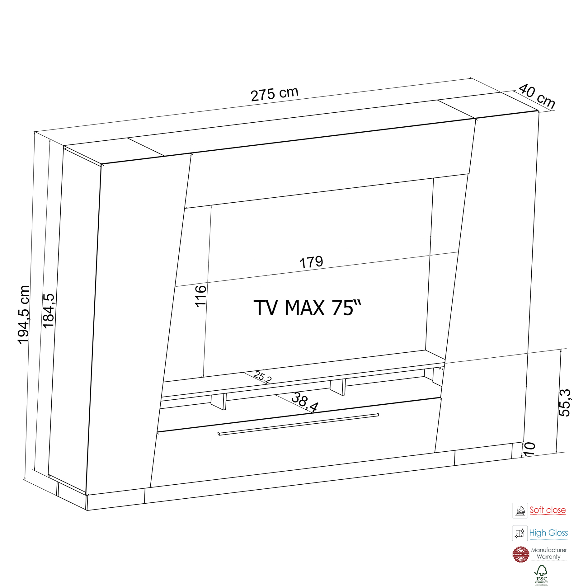 4-teilige Wohnwand PLATINA - grau - Artisan Eiche - 275 cm