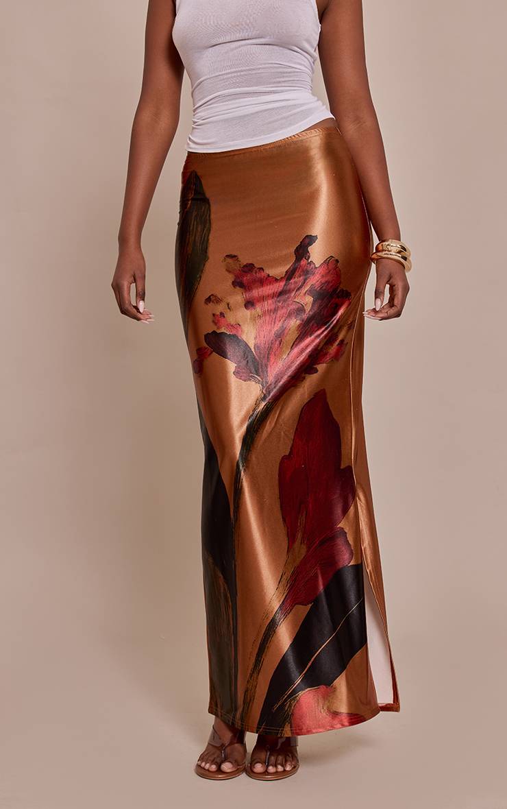 Rose Pâle Jupe Longue En Satin Extensible À Imprimé Floral