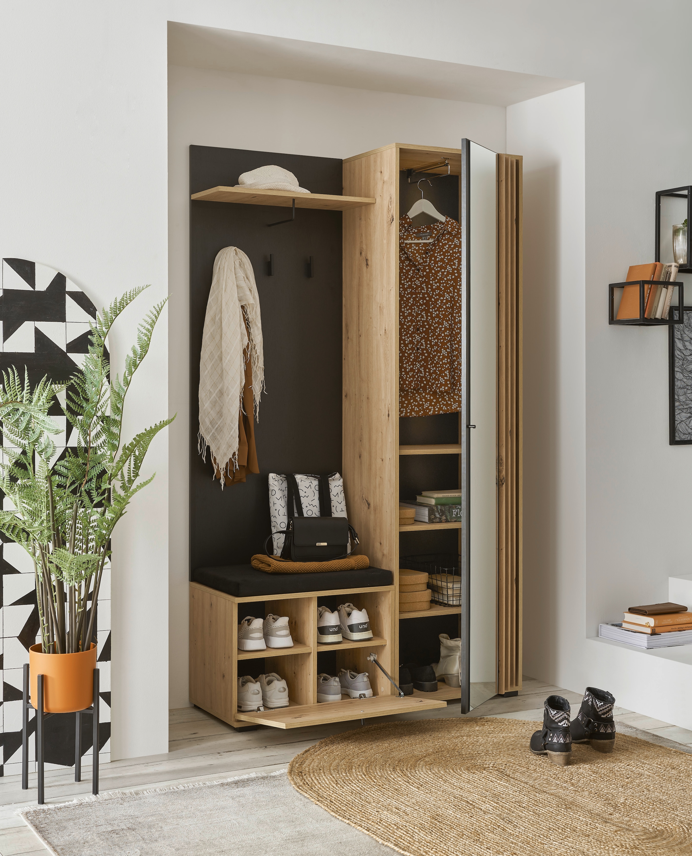 HBZ Kompaktgarderobe »Volano in schwarz Eiche Artisan, BxHxT 114x197x40 cm« 1 Stk. tlg. Mit Schubkästen und Türen mit Softclose