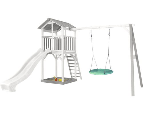axi Beach Tower speeltoren met nestschommel, turquoise hout, grijs en wit