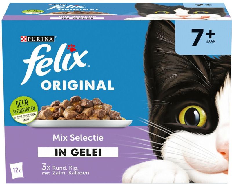 Felix Original in Gelei 7+ Senior Mix Selectie - Kattenvoer Natvoer - Rund Kip Kalkoen & Zalm - 48 x 85 g