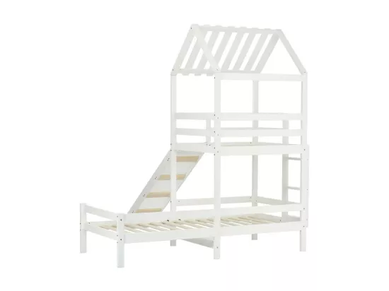Lit superposé avec toboggan - 90x200cm + 90x100cm - en bois massif - Blanc