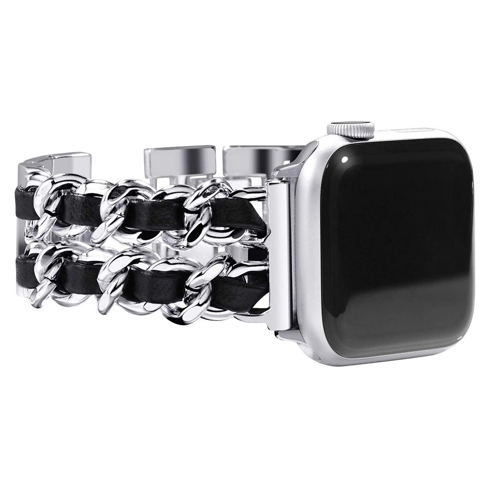 Apple Watch (49/46/45/44 mm) Edelstahl Armband mit Lederband - Silber / Schwarz