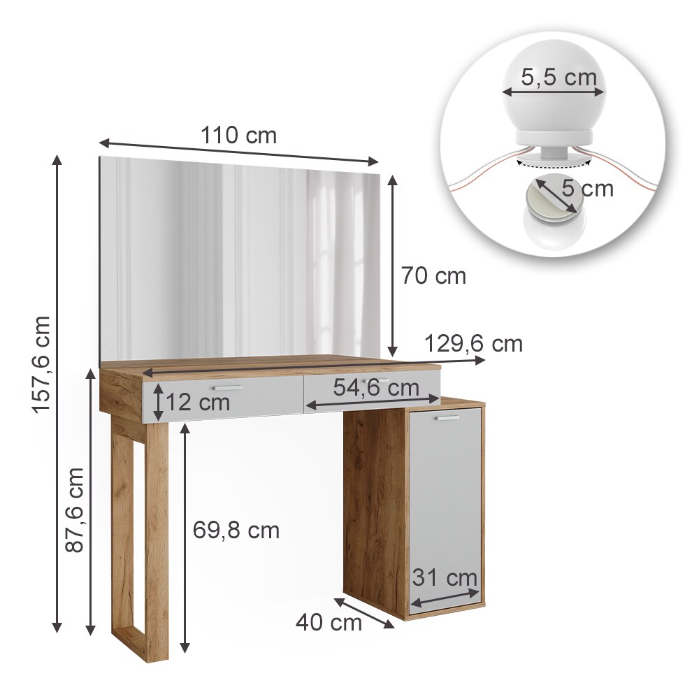 Vicco Schminktisch Regina Eiche Weiß 130 cm mit Spiegel und Beleuchtung