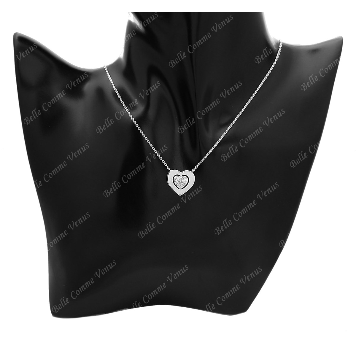Collier coeur ajouré d'un autre coeur serti d'oxyde de zirconium Argent 925 Rhodié