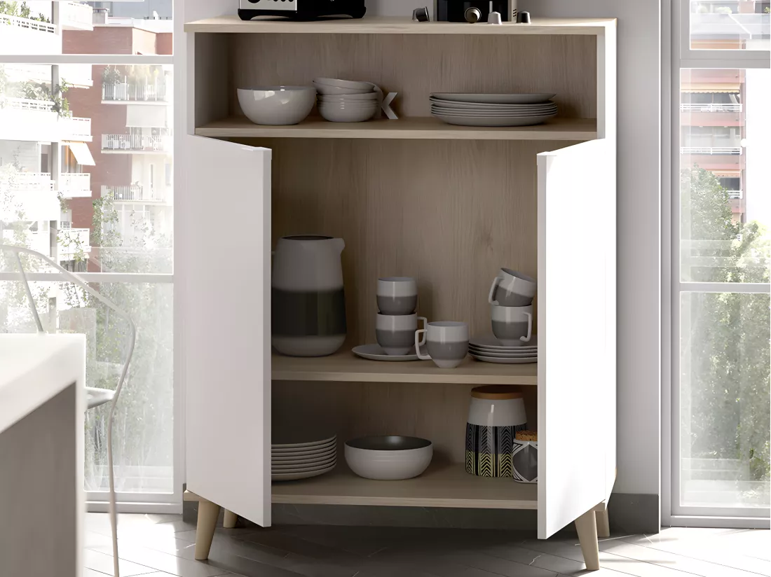 Buffet de cuisine WAJDI - 2 portes et 1 niche - Blanc et chêne