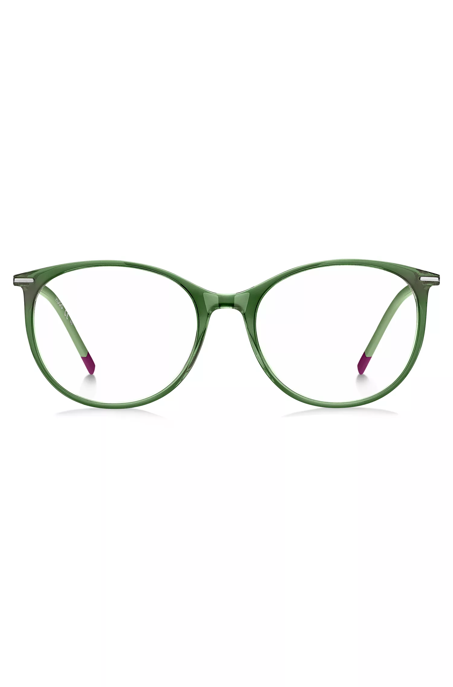 Armação óptica HUGO em acetato vermelho e verde com hastes em aço inoxidável.