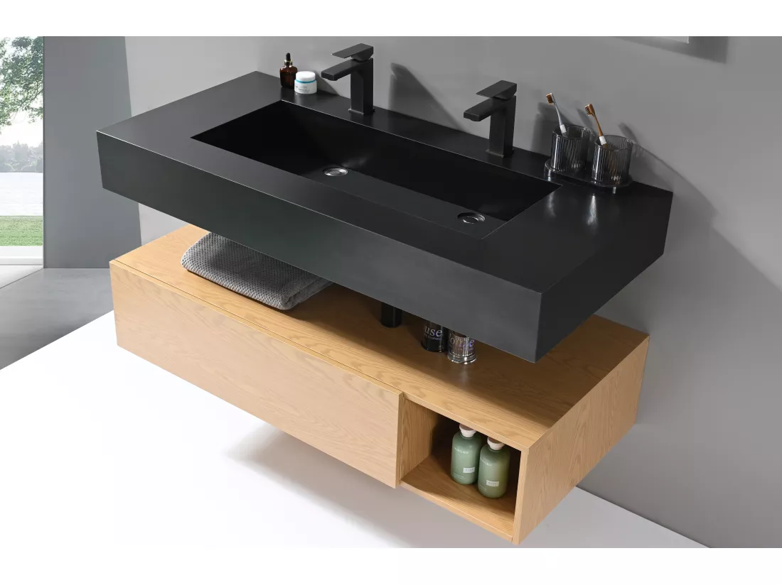 LuxuryBain- Meuble de salle de bain double vasque 120cm bois et noir avec miroir LED à luminosité variable LB-8470-120