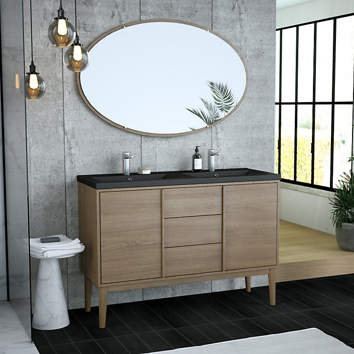 Ensemble meuble sous vasque placage bois Kabayan + plan double vasque céramique noir Nira l.120 cm