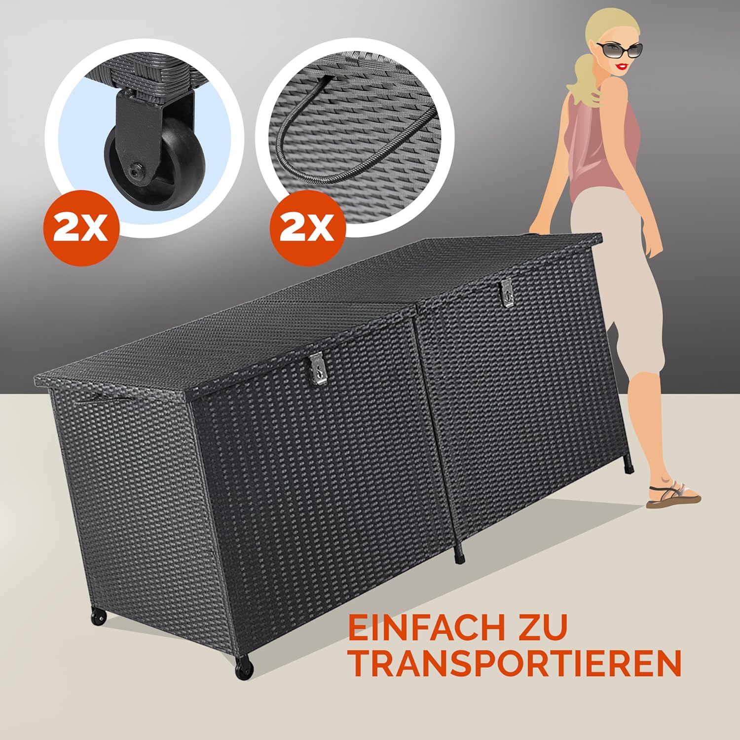 Casaria® Gartenbox XXL Polyrattan Wetterfest 625L UV-beständig Griffe Rollen Gasdruckfeder Garten Wintergarten Auflagenbox Kissenbox 150x77cm Schwarz