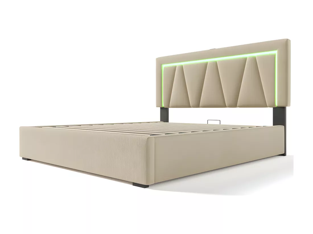 Lit coffre rembourré 160x200cm avec LED et Port de charge USB et Type-C - Tissu en Lin - sommier à lattes - Beige
