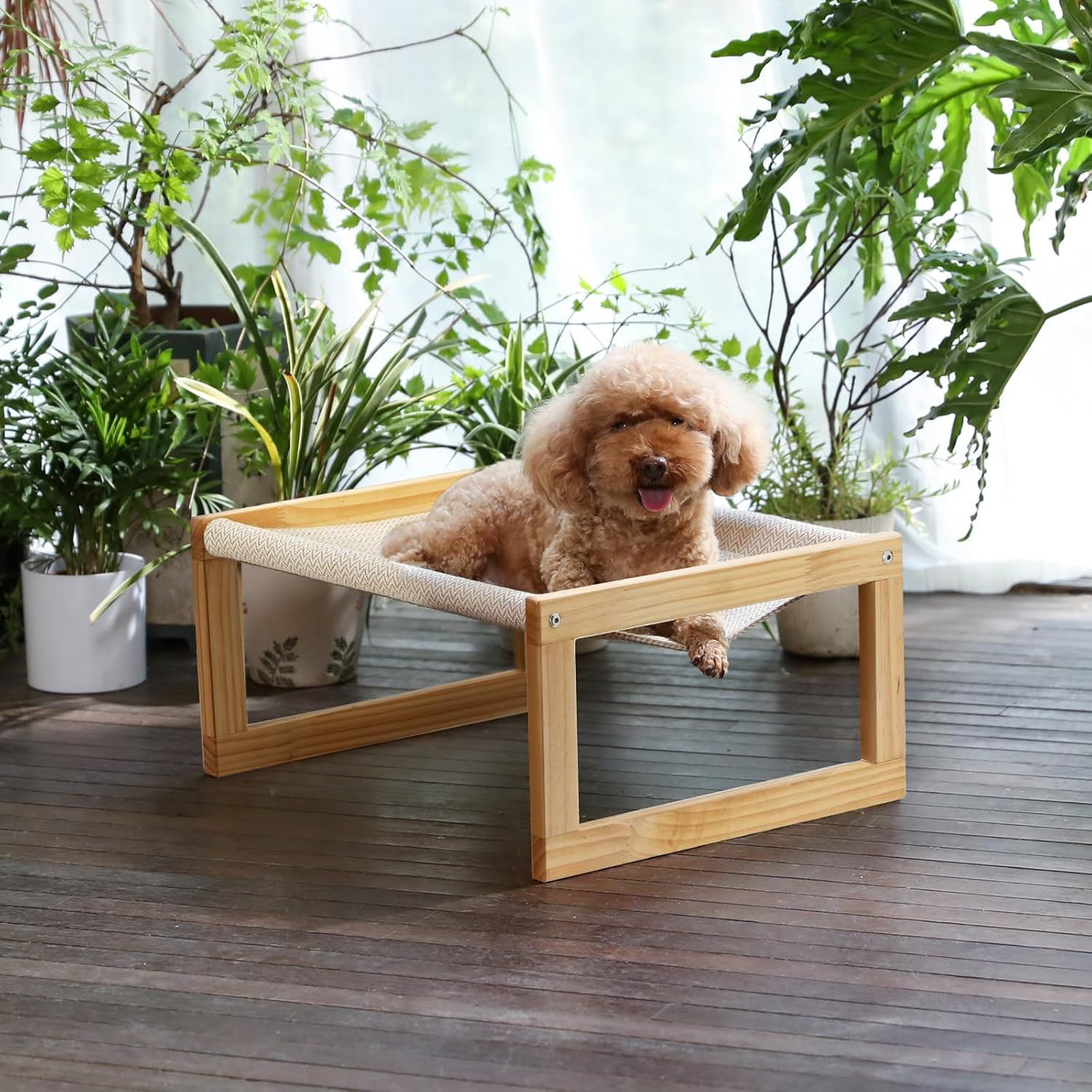 (52x42cm) Holz Katzen Hängematte Erhöhtes Haustier Bett Hunde Hängeliege - Beige