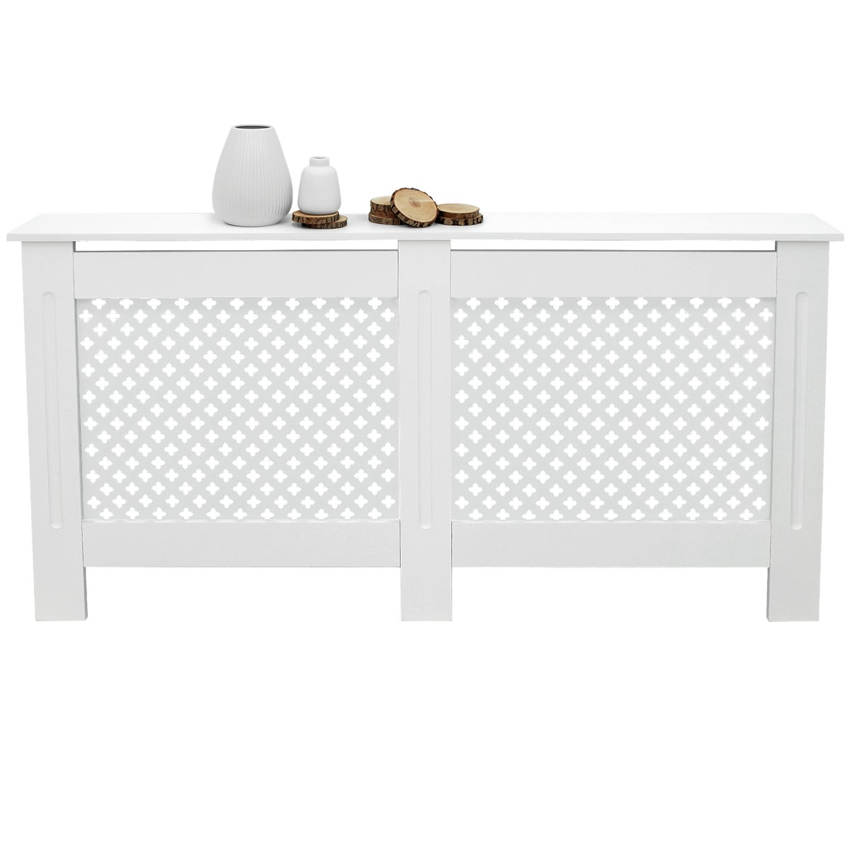 ECD Germany radiatorbekleding met honingraatmotief, 152x19x82 cm, wit gelakt MDF, voor slaapkamer, woonkamer, radiatorbekleding, verwarmingsbekleding, radiatorbekleding