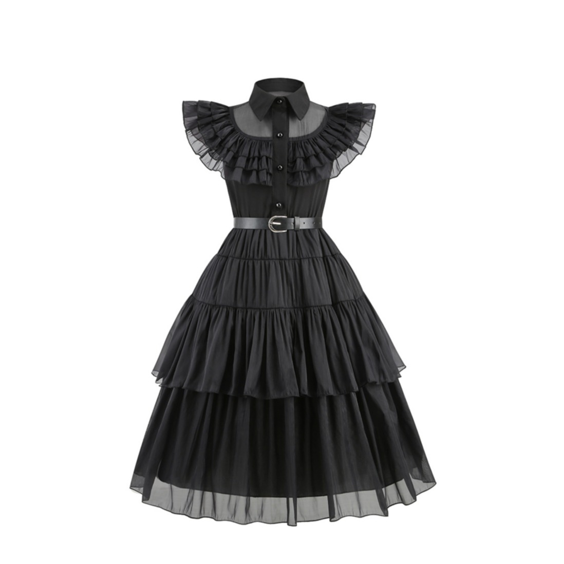 (130-150cm) Fasnachts Kinder Kostüm Wednesday Addams Kleid Verkleidung für Motto Partys / Halloween inkl. Leder Gürtel - Schwarz