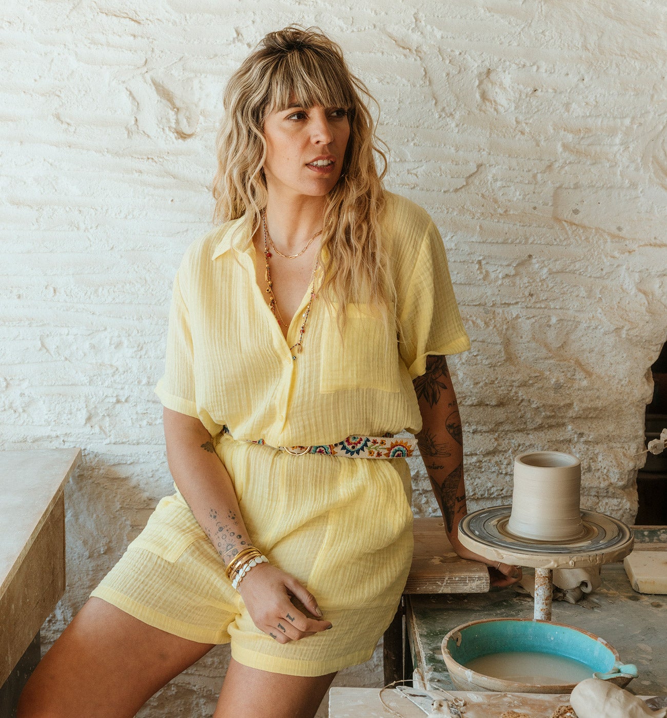 Combishort en gaze de coton - Jaune