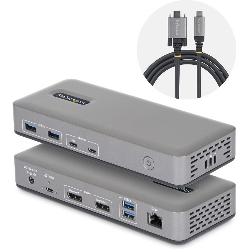 StarTech.com Station d'Accueil USB-C à Deux Écrans, DisplayPort, 4K 60Hz, Recharge d'Ordinateur Portable 100 W, 1 GbE, Sans Pilote, Station d'Accueil Multi-Écrans pour Windows