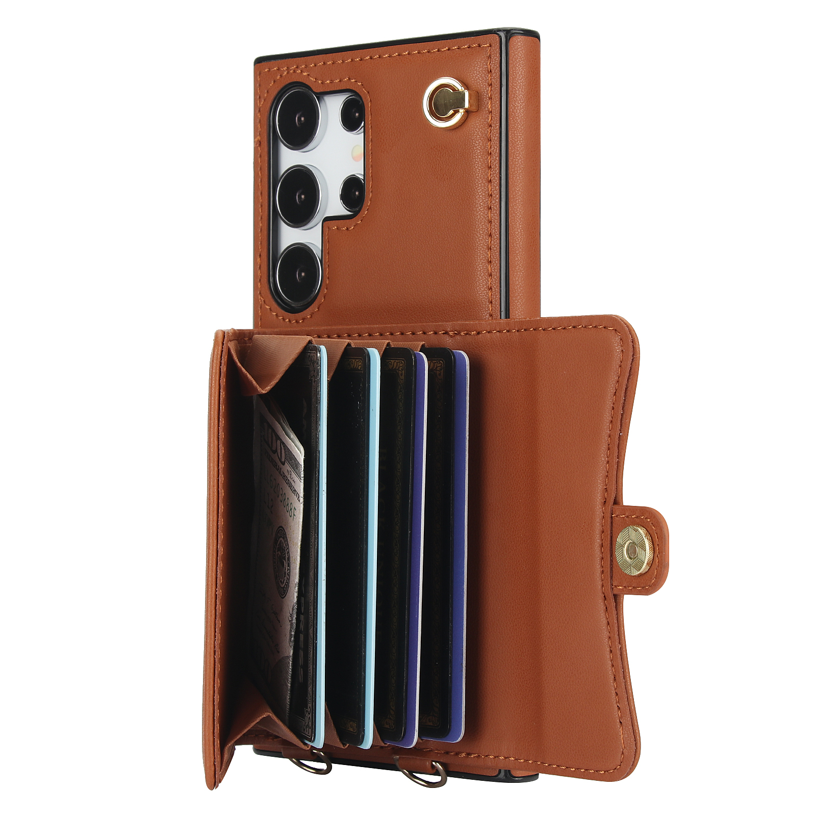 Samsung Galaxy S25 Ultra Necklace Leder Schutz Hülle mit Kartenfach   Handykette (140cm) - Braun